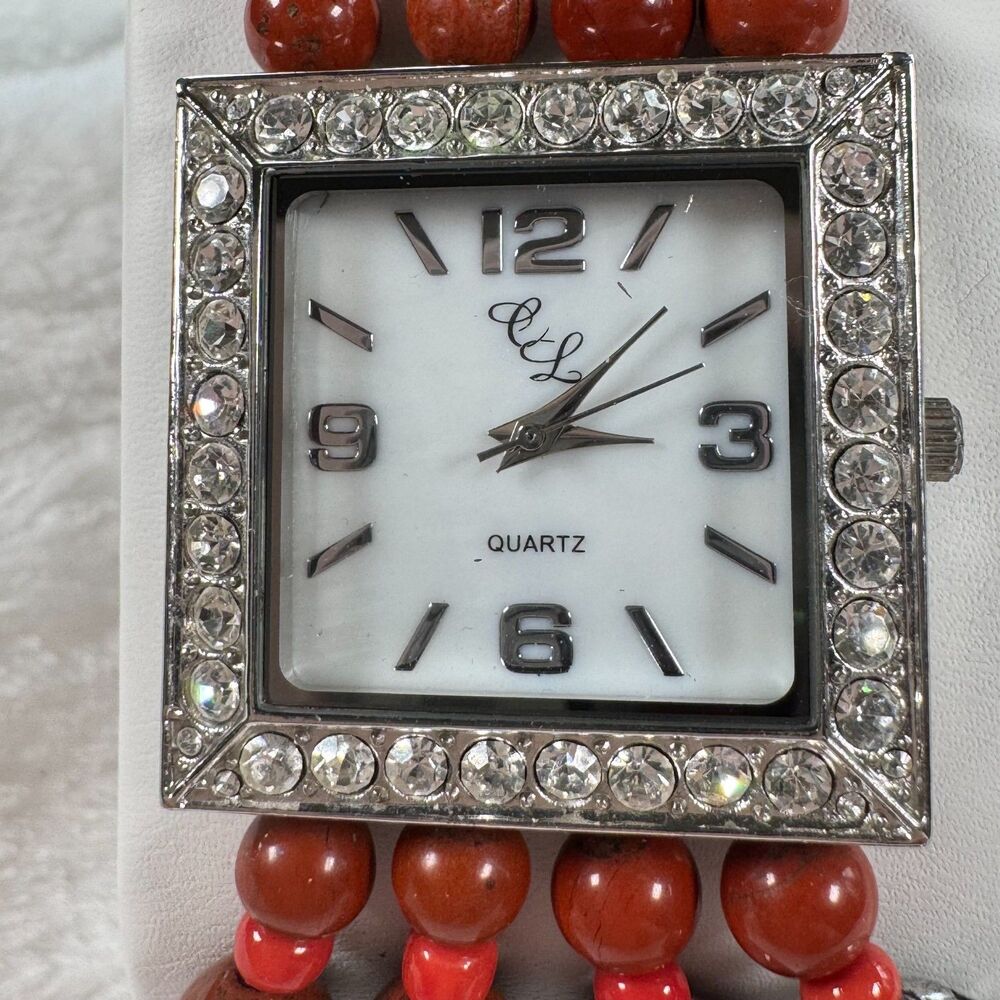 Chunky Boho Beaded Bracelet Watch Colleen Lopez Crystal Bezel Red Jasper Quartz - Picture 3 of 15